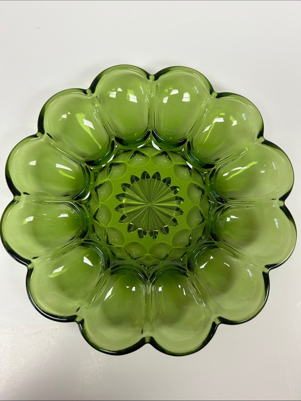 Vintage 1970’s avocado green glass 10” oyster plate by ANCHOR HOCKING